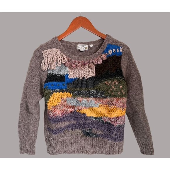 Hand Knit By Dolly Multicolor Wool Blend Patchwork Sweater With Fringe & Texture - Picture 1 of 8